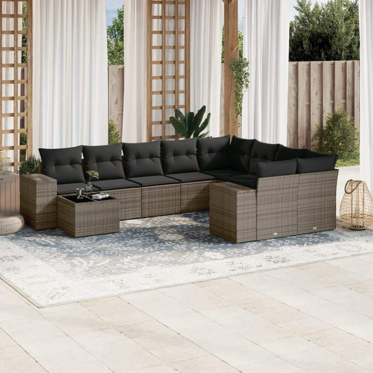 Set Divano da Giardino 10 pz con Cuscini Grigio in Polyrattan - homemem39