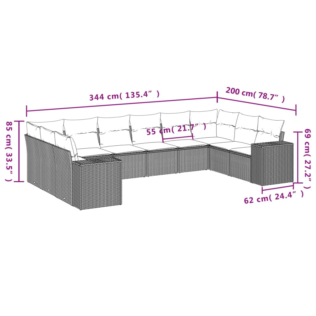 Set Divano da Giardino 10 pz con Cuscini Grigio in Polyrattan | homemem39