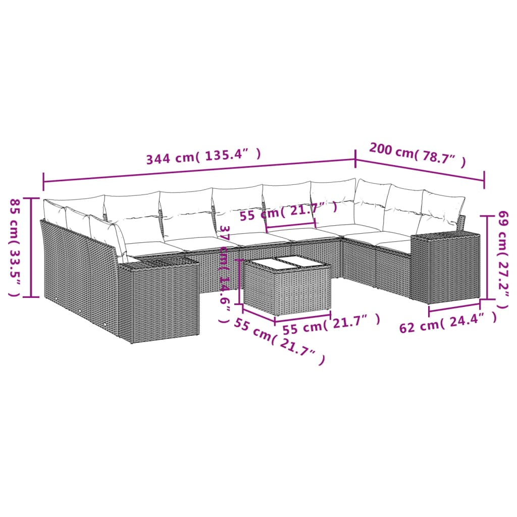 Set Divani da Giardino 11 pz con Cuscini in Polyrattan Nero | homemem39