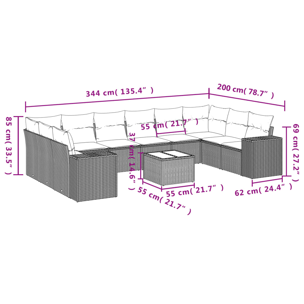 Set Divani da Giardino 11 pz con Cuscini Beige in Polyrattan | homemem39