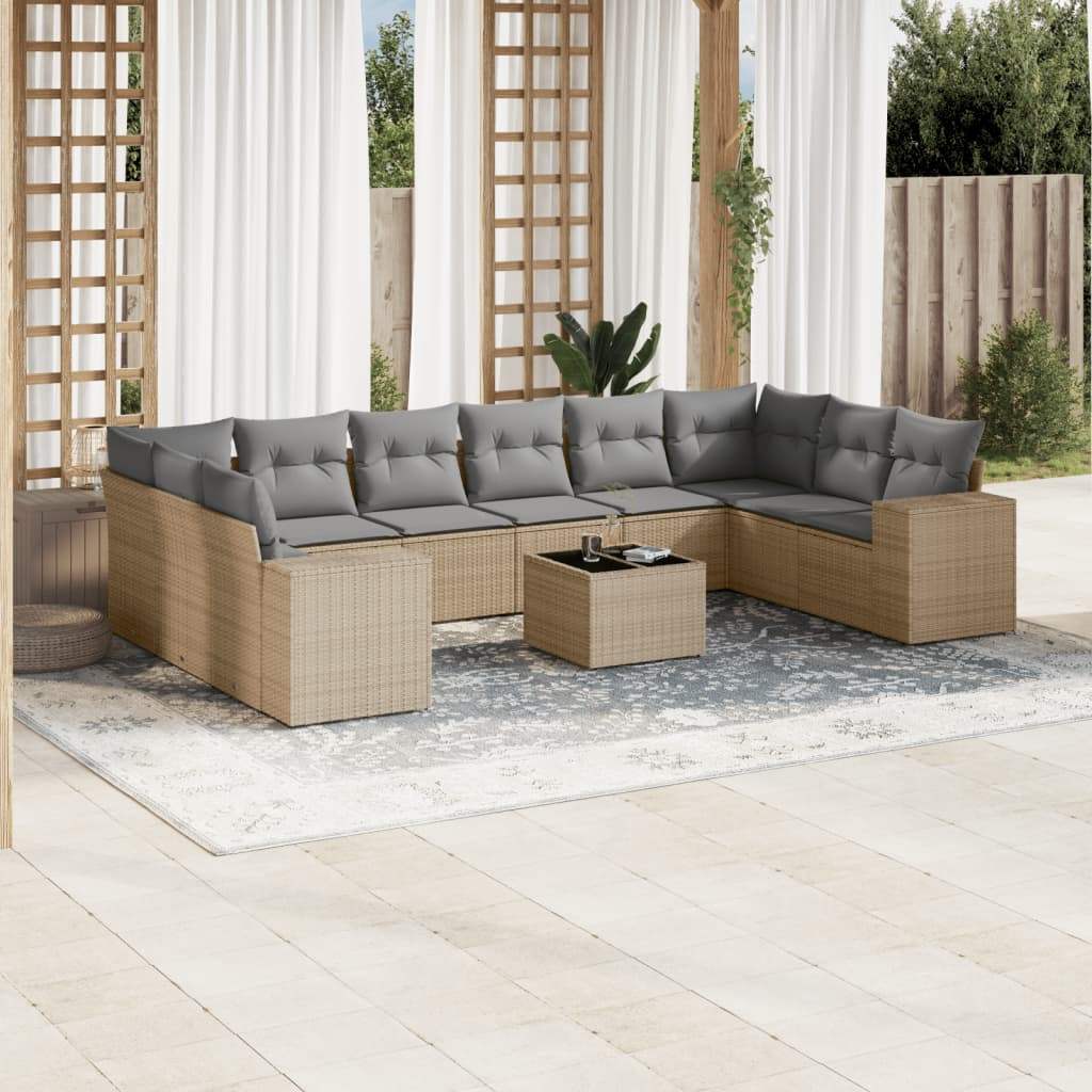 Set Divani da Giardino 11 pz con Cuscini Beige in Polyrattan - homemem39