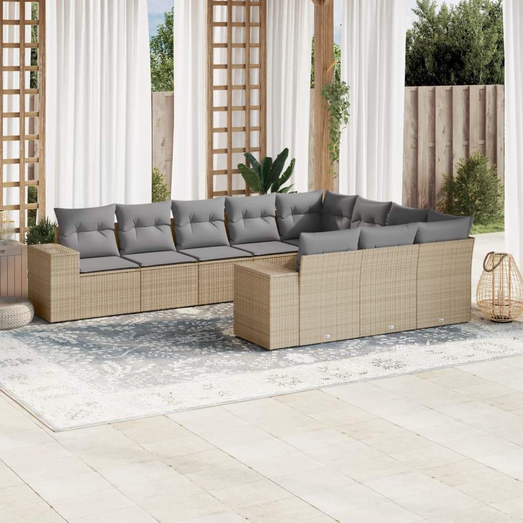 Set Divano da Giardino 10 pz con Cuscini Beige in Polyrattan - homemem39