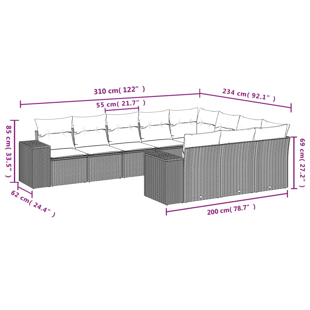 Set Divano da Giardino 10 pz con Cuscini Grigio in Polyrattan | homemem39