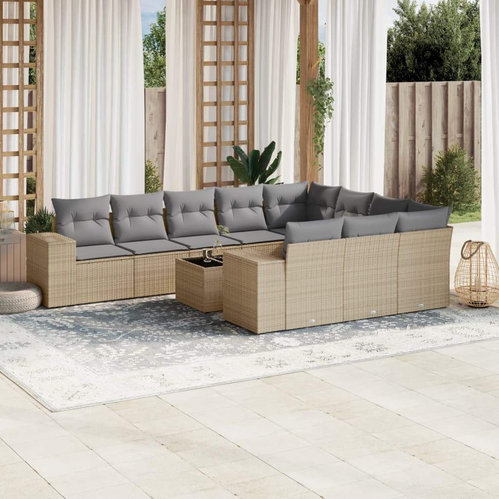 Set Divani da Giardino 11 pz con Cuscini Beige in Polyrattan - homemem39