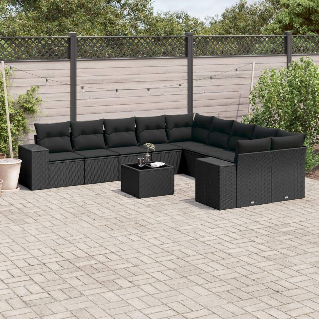 Set Divani da Giardino 11 pz con Cuscini in Polyrattan Nero - homemem39