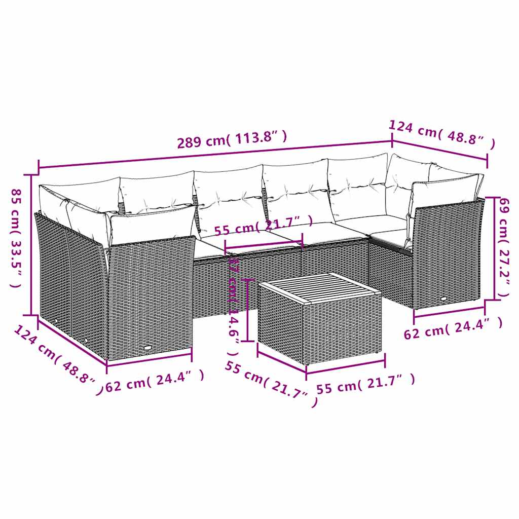 Set Divani da Giardino con Cuscini 8 pz Nero in Polyrattan