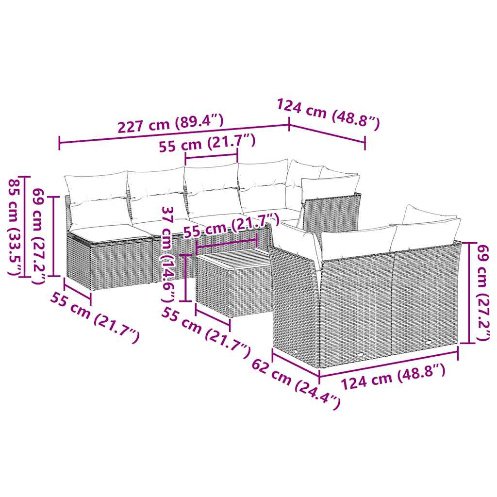 Set Divani da Giardino 8 pz con Cuscini Grigio in Polyrattan - homemem39