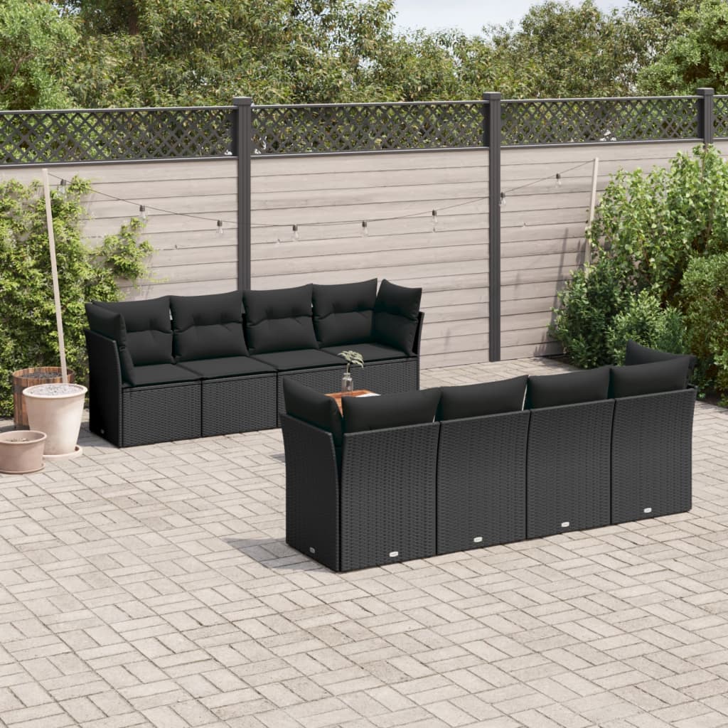 Set Divani da Giardino 9 pz con Cuscini Nero in Polyrattan | homemem39