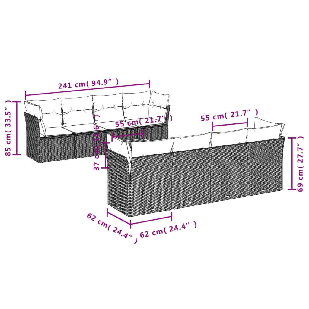 Set Divano da Giardino 9 pz con Cuscini Grigio in Polyrattan - homemem39