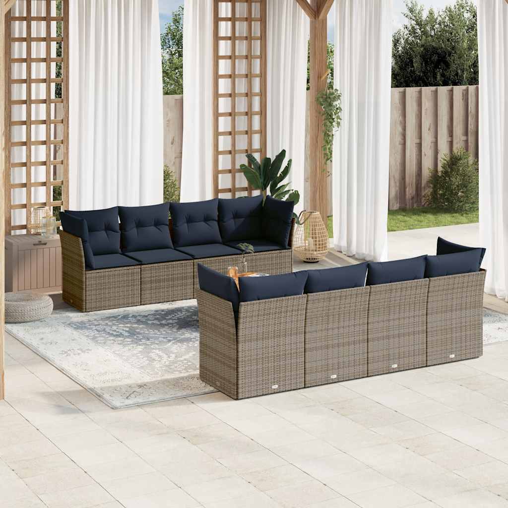 Set Divani da Giardino 9 pz con Cuscini Grigio in Polyrattan - homemem39