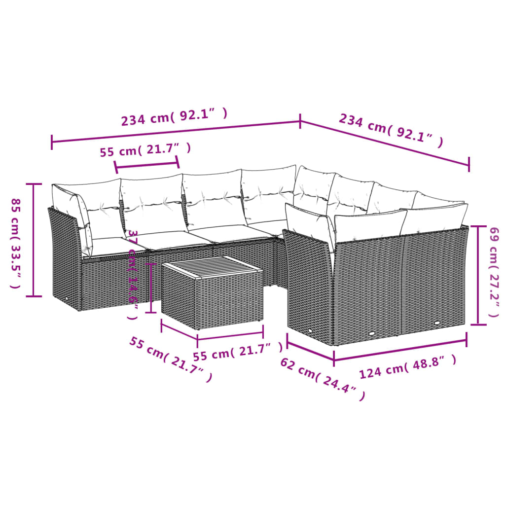 Set Divano da Giardino 9 pz con Cuscini Beige in Polyrattan | homemem39