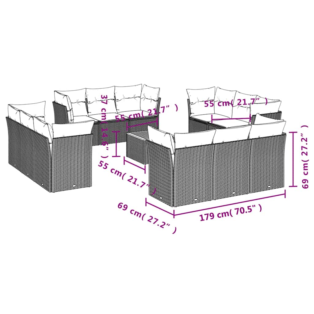Set Divani da Giardino 13 pz con Cuscini Grigio in Polyrattan - homemem39