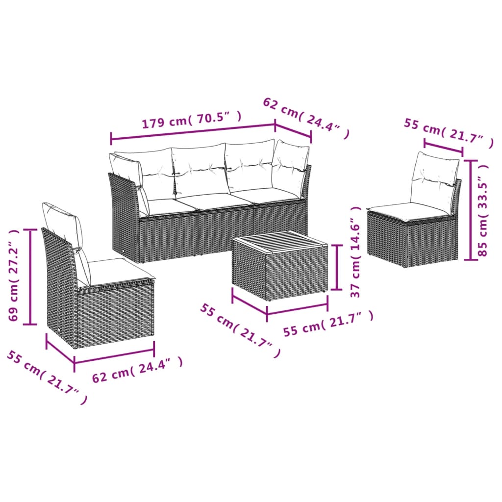 Set Divano da Giardino 6 pz con Cuscini Beige in Polyrattan | homemem39