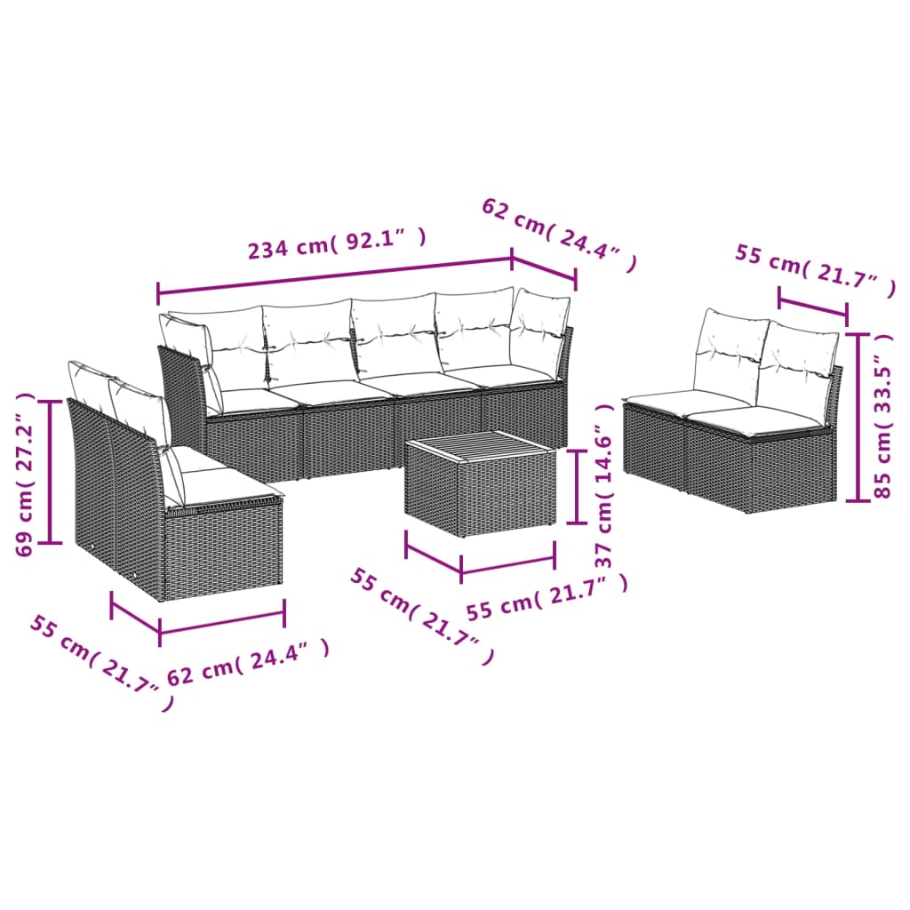 Set Divani da Giardino 9 pz con Cuscini Nero in Polyrattan | homemem39