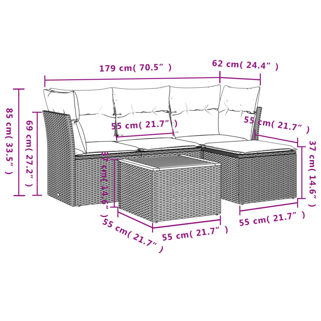 Set Divani da Giardino 5 pz con Cuscini in Polyrattan Nero