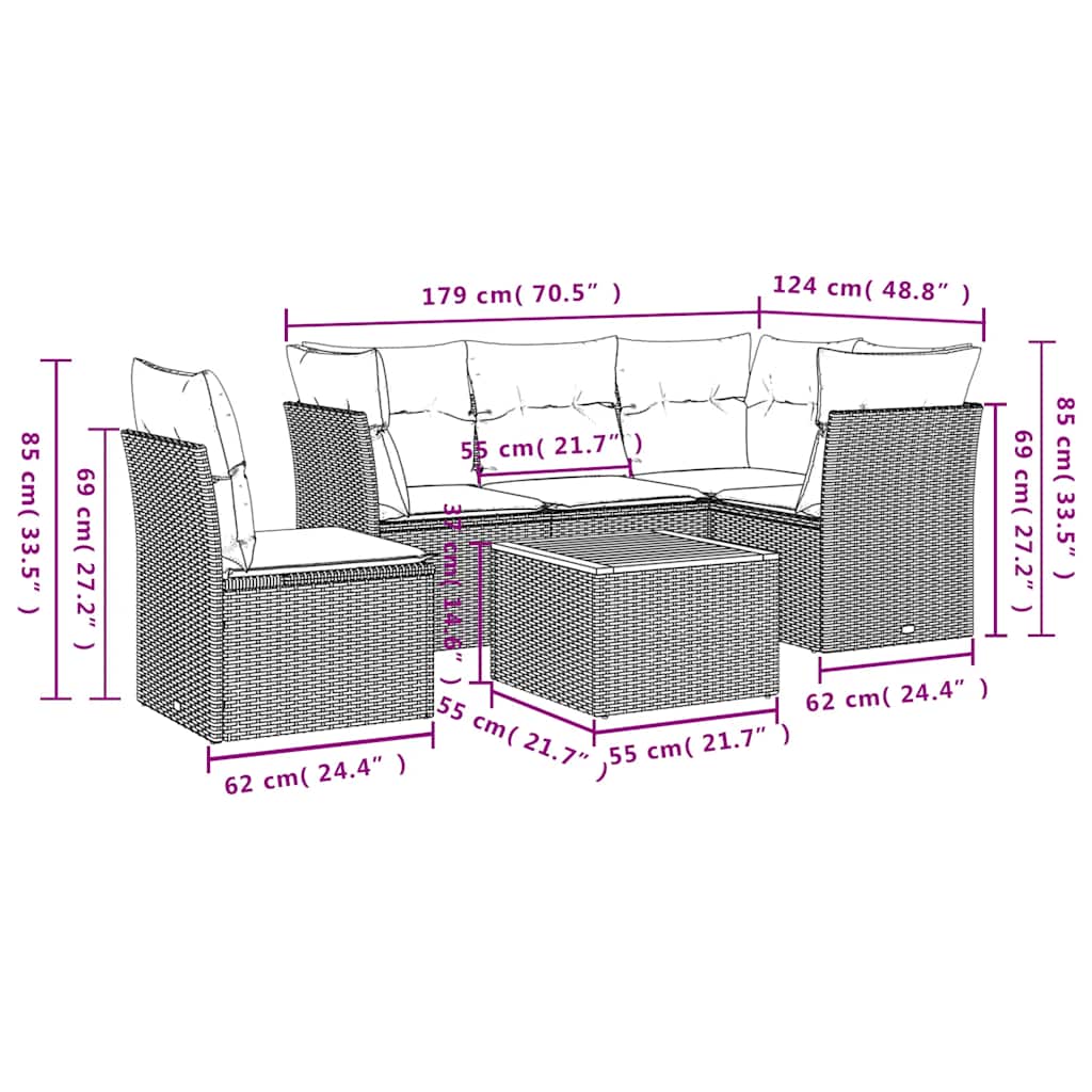 Set Divani da Giardino 6 pz con Cuscini Grigio in Polyrattan - homemem39
