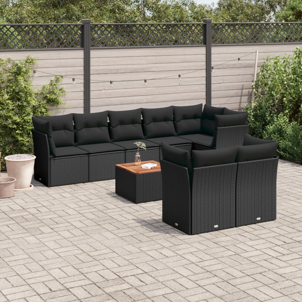 Set Divani da Giardino 9 pz con Cuscini Nero in Polyrattan - homemem39