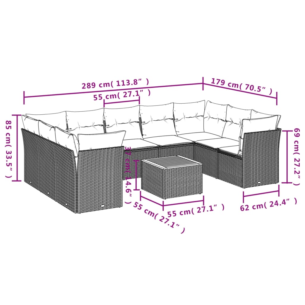 Set Divani da Giardino 10pz con Cuscini in Polyrattan Nero