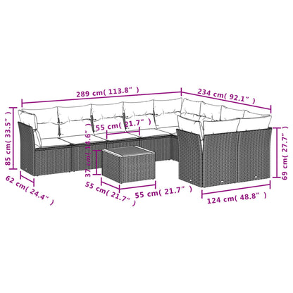 Set Divani da Giardino 10pz con Cuscini in Polyrattan Nero