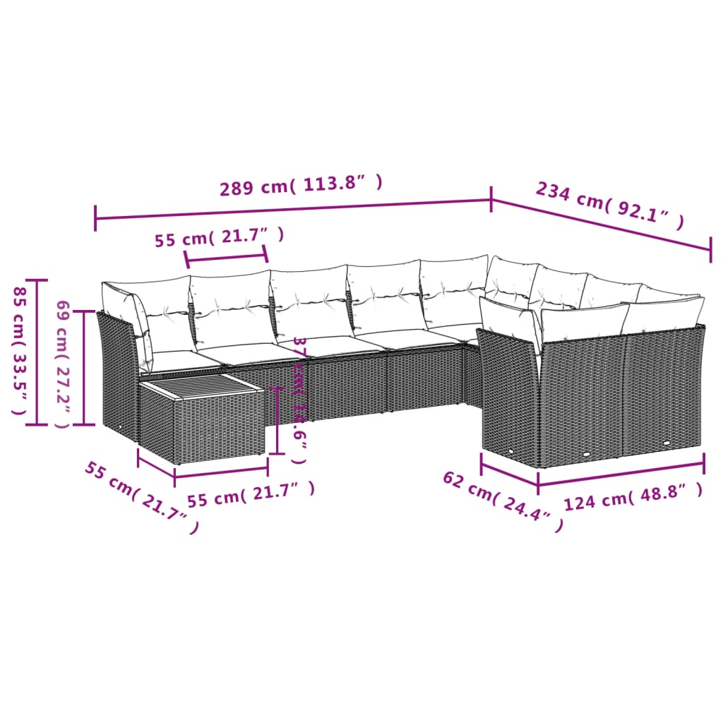 Set Divani da Giardino 10pz con Cuscini in Polyrattan Nero