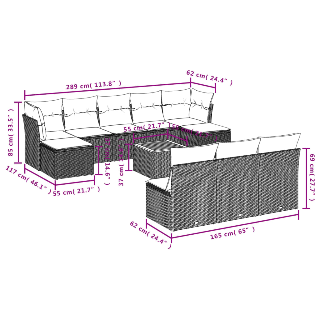 Set Divani da Giardino 11 pz con Cuscini in Polyrattan Nero - homemem39