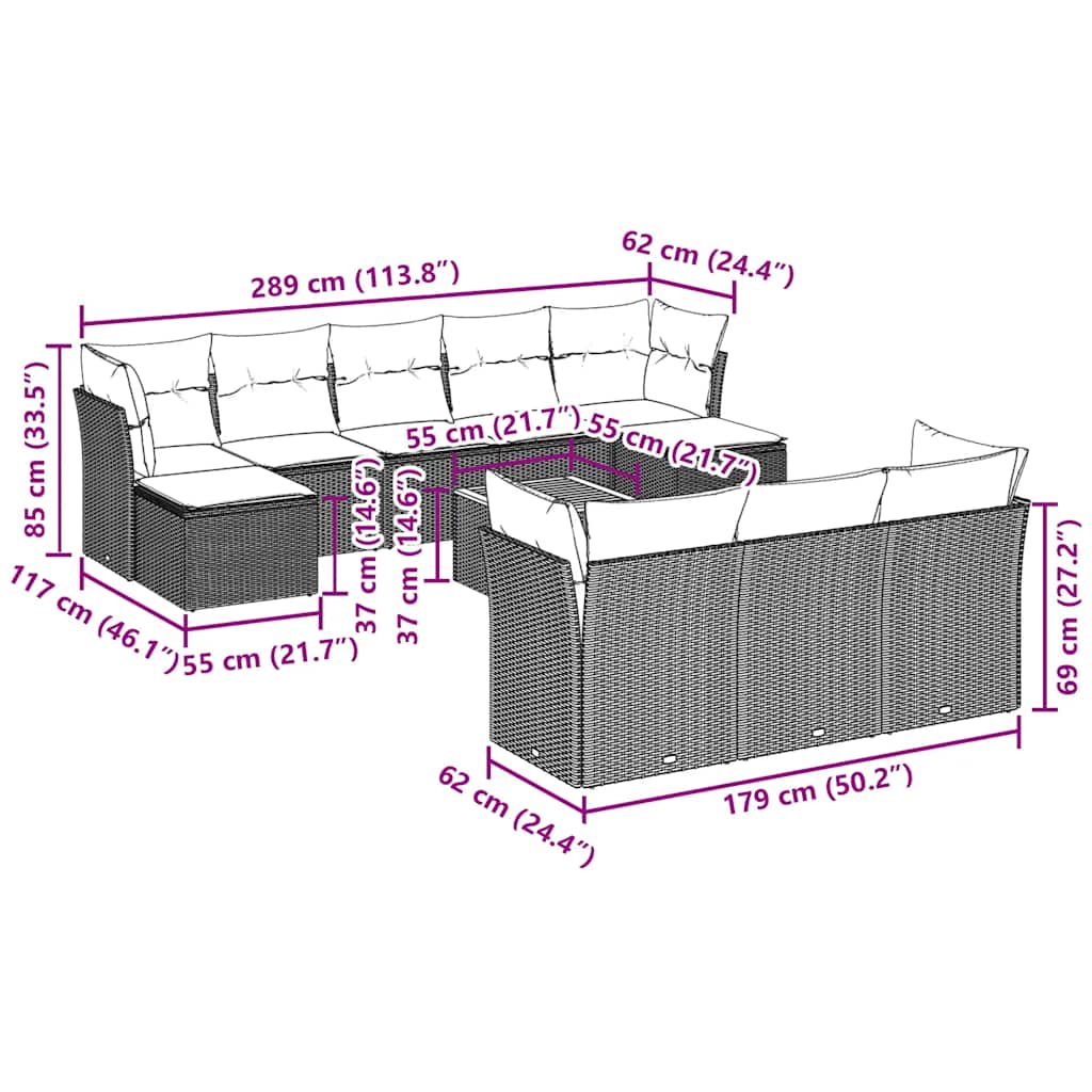 Set Divani da Giardino 11 pz con Cuscini in Polyrattan Nero - homemem39