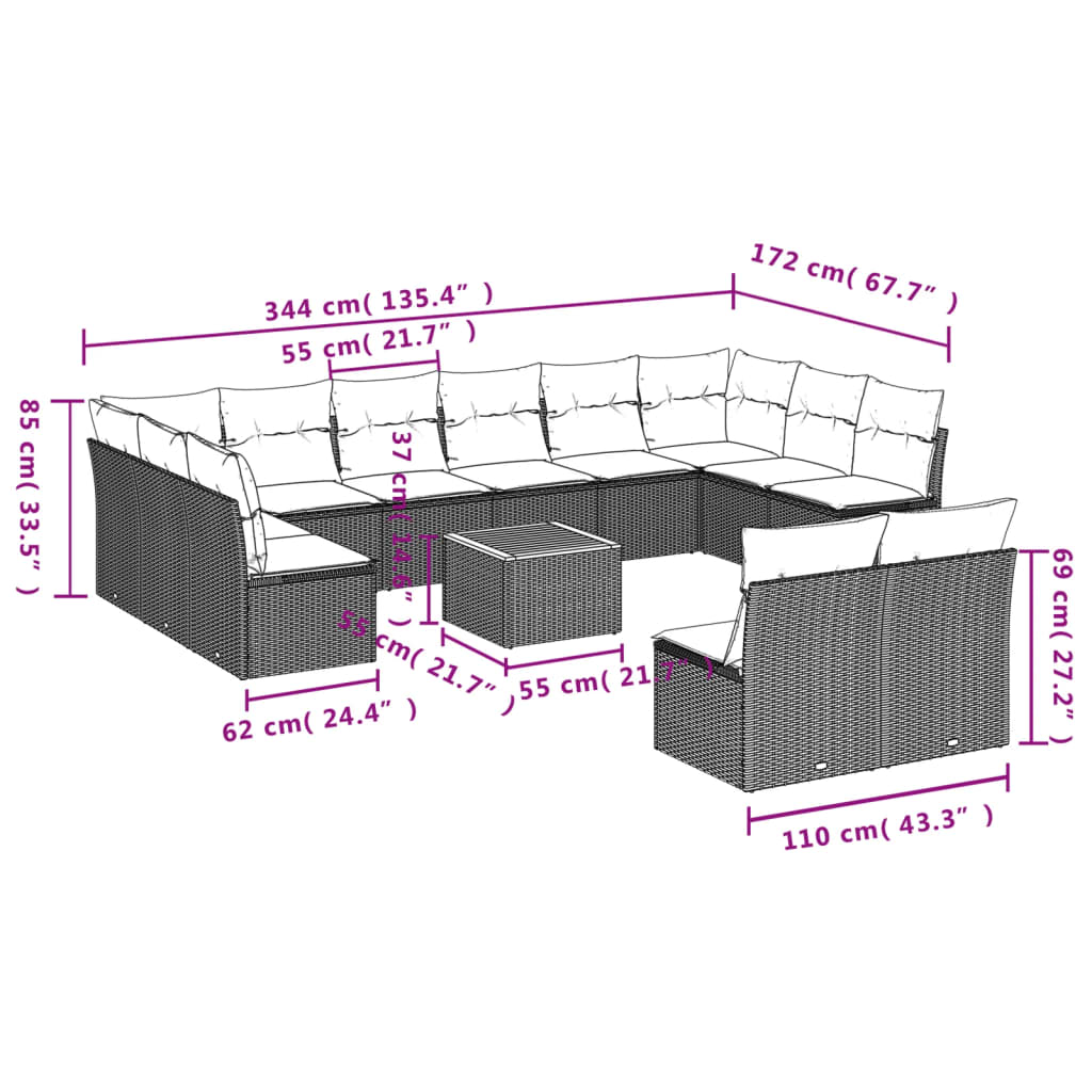 Set Divani da Giardino 13pz con Cuscini Nero in Polyrattan | homemem39