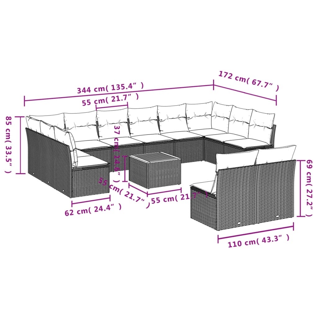 Set Divani da Giardino 13 pz con Cuscini Grigio in Polyrattan - homemem39