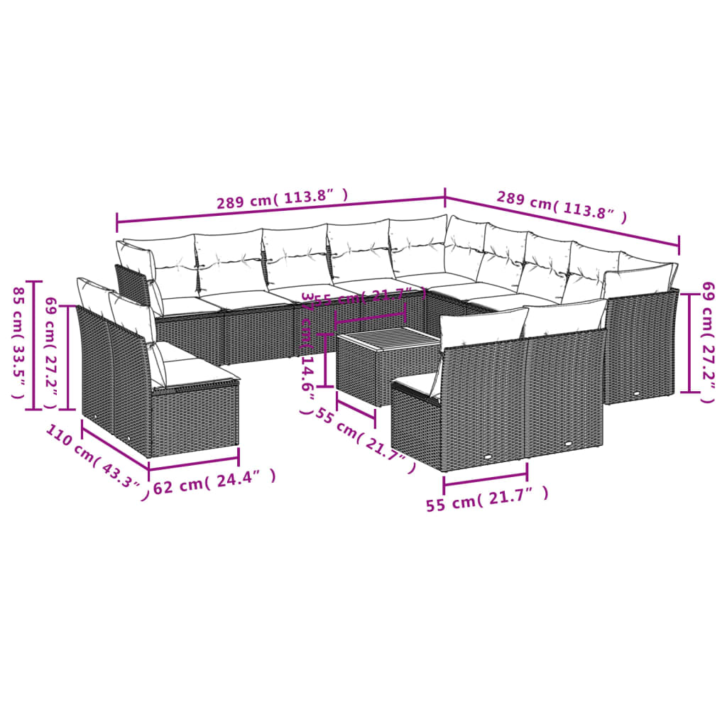 Set Divani da Giardino 14pz con Cuscini in Polyrattan Nero | homemem39