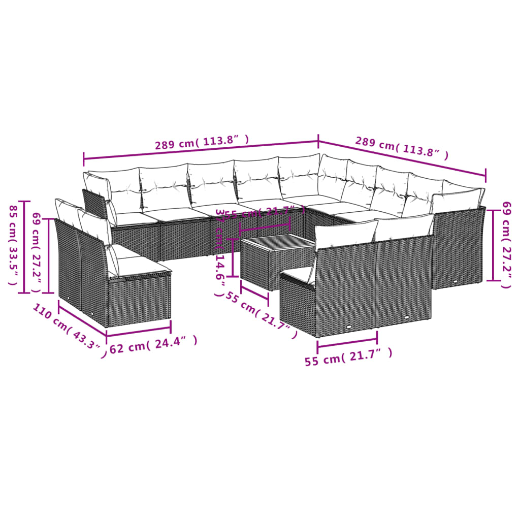 Set Divani da Giardino 14pz con Cuscini in Polyrattan Nero | homemem39