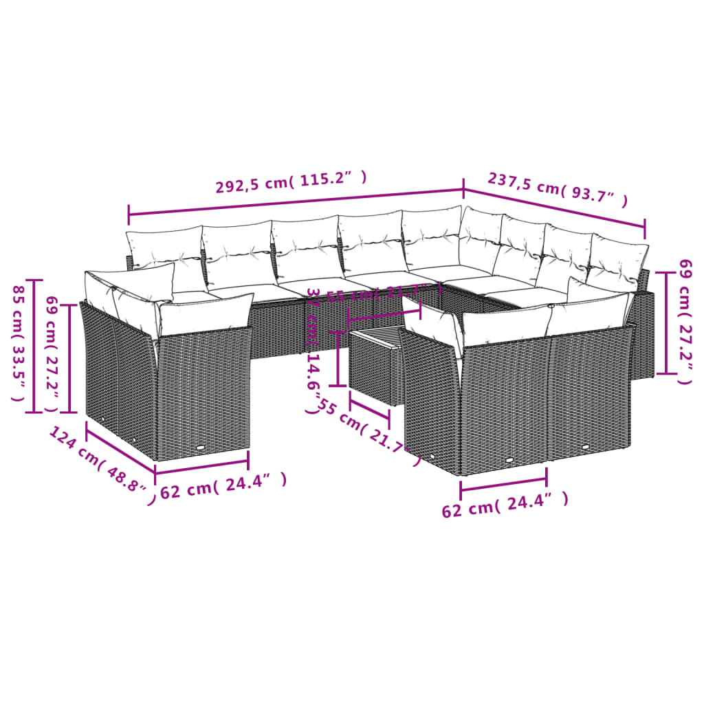 Set Divani da Giardino 13pz con Cuscini Nero in Polyrattan