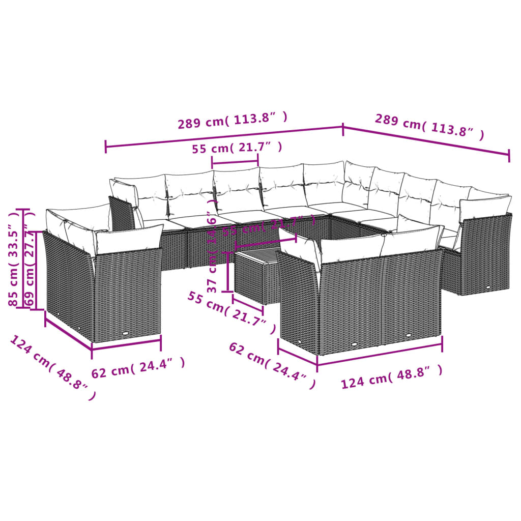Set Divani da Giardino 14pz con Cuscini in Polyrattan Beige | homemem39