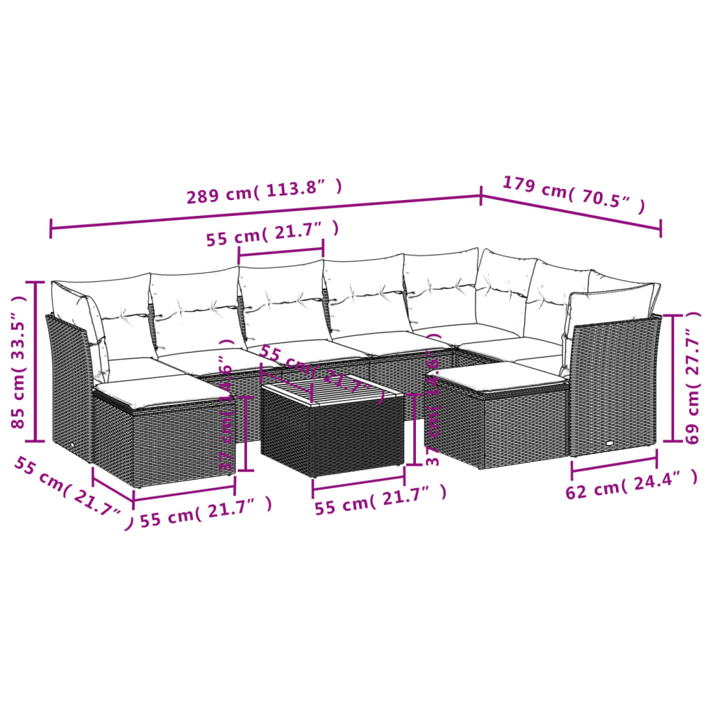 Set Divani da Giardino 10pz con Cuscini in Polyrattan Nero - homemem39