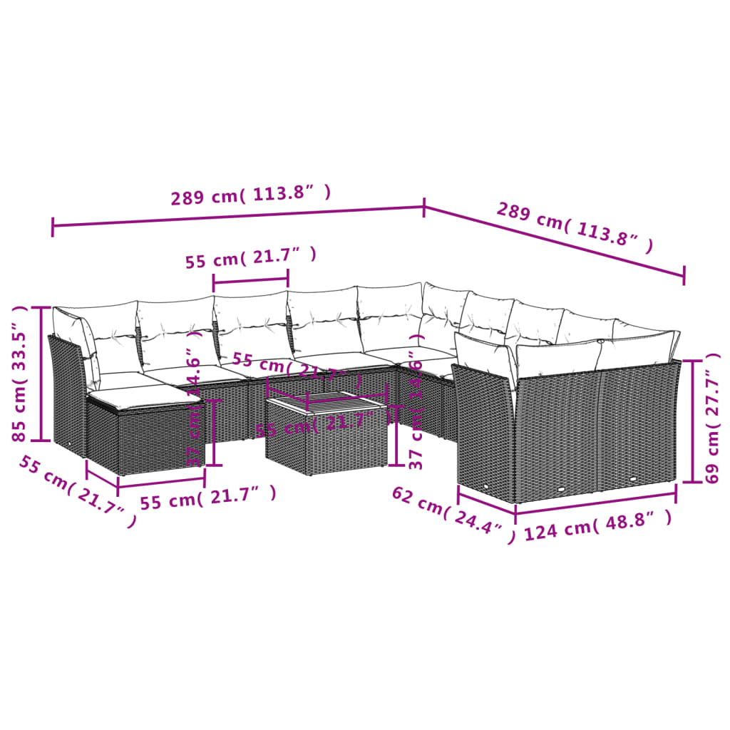 Set Divani da Giardino 12 pz con Cuscini Nero in Polyrattan | homemem39