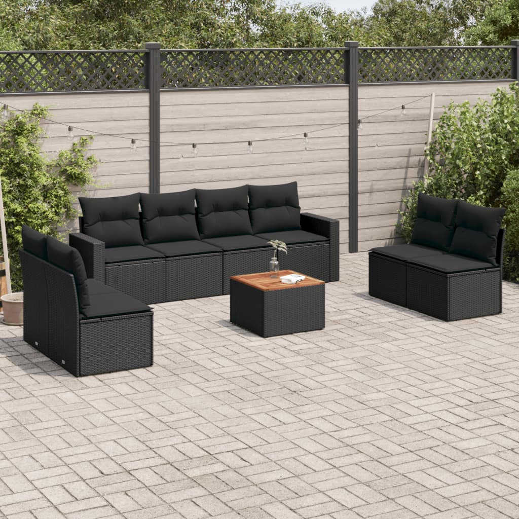 Set Divani da Giardino 9 pz con Cuscini Nero in Polyrattan - homemem39