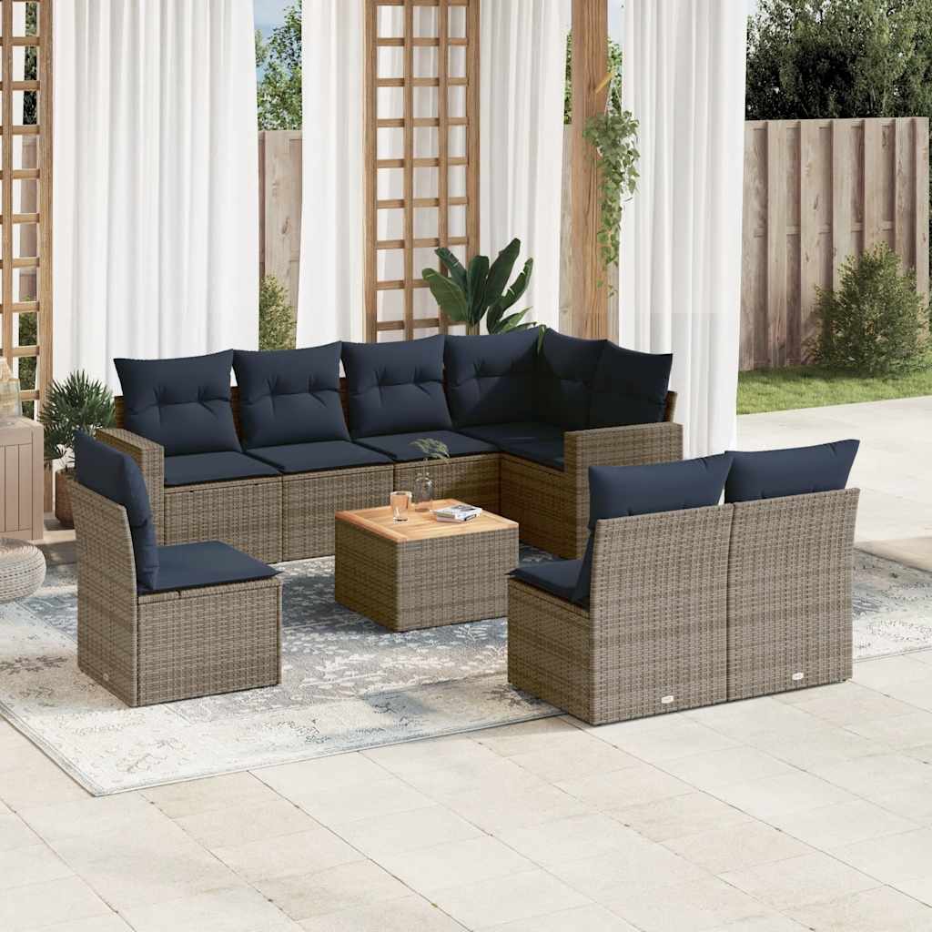 Set Divani da Giardino 9 pz con Cuscini Grigio in Polyrattan | homemem39