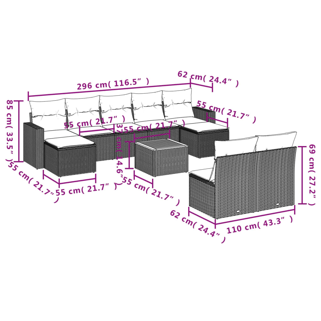 Set Divano da Giardino 10 pz con Cuscini Grigio in Polyrattan | homemem39