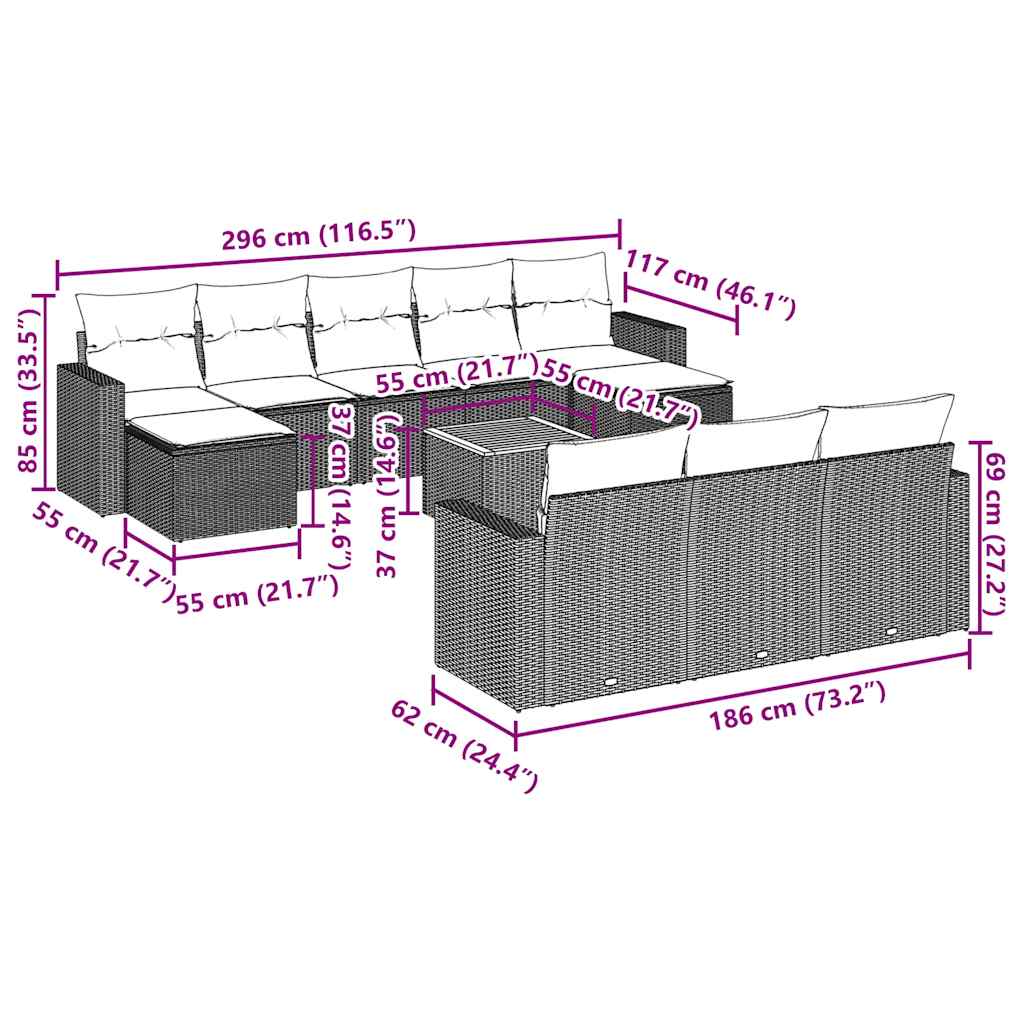 Set Divani da Giardino 11 pz con Cuscini in Polyrattan Nero | homemem39