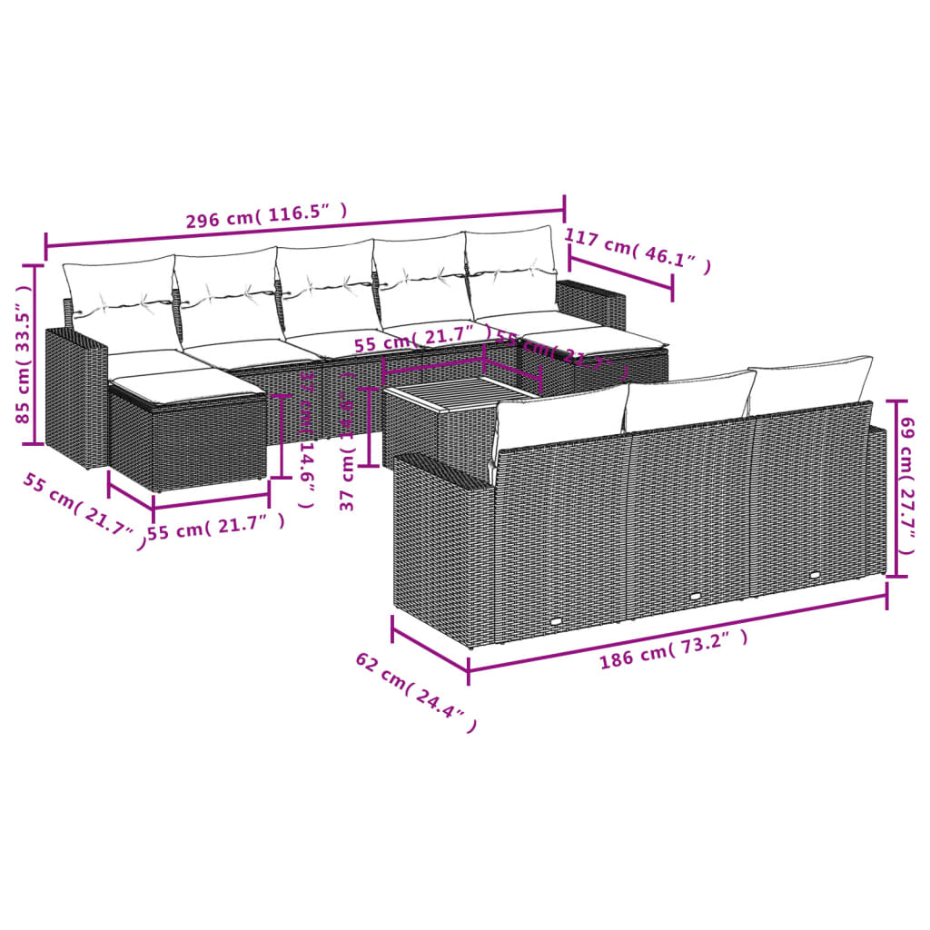 Set Divano da Giardino 11 pz con Cuscini Beige Misto Polyrattan | homemem39