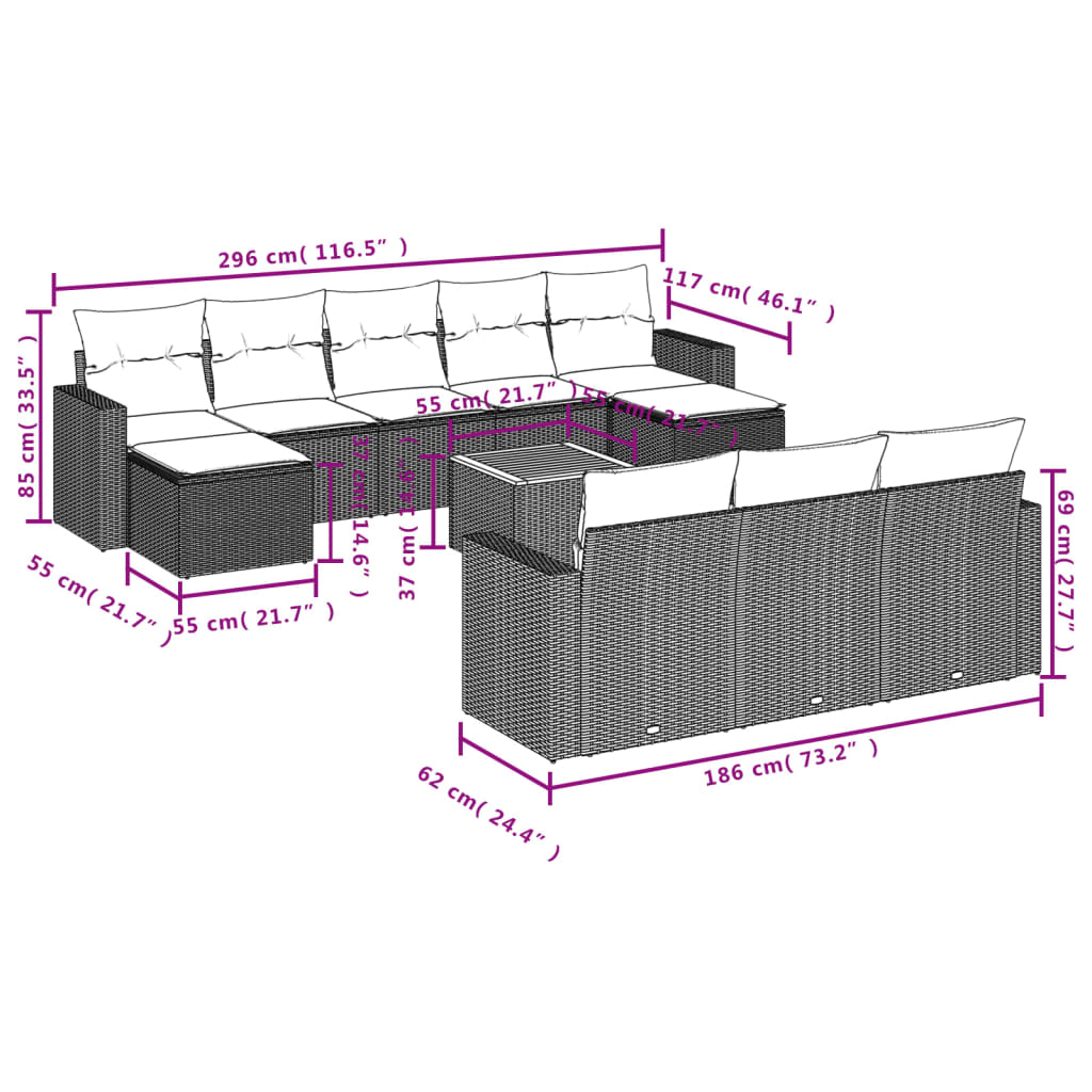 Set Divani da Giardino 11 pz con Cuscini in Polyrattan Grigio | homemem39