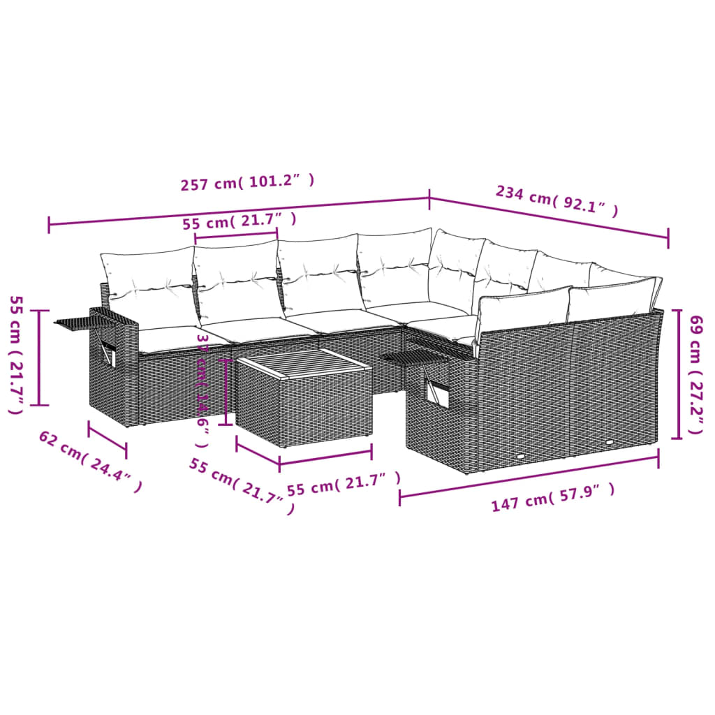 Set Divani da Giardino 9 pz con Cuscini Nero in Polyrattan - homemem39