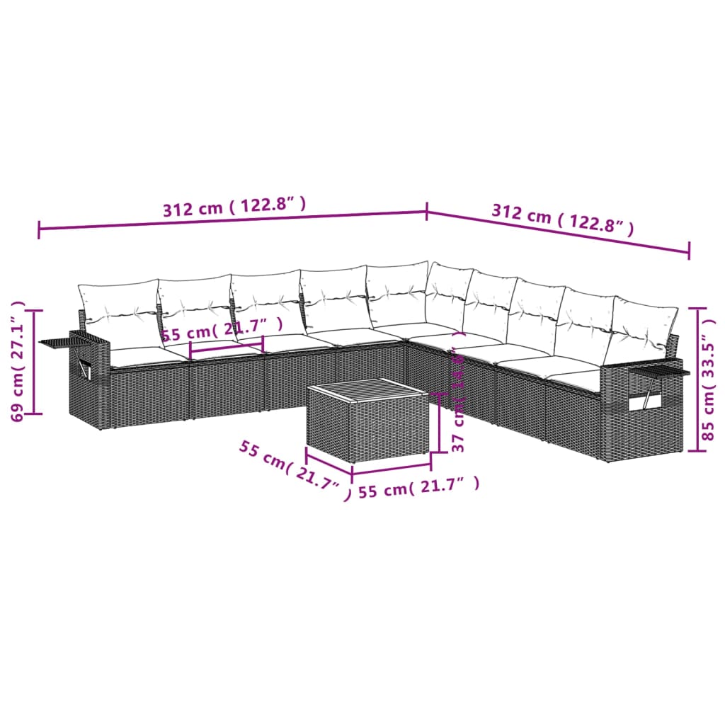 Set Divani da Giardino 10pz con Cuscini in Polyrattan Nero | homemem39