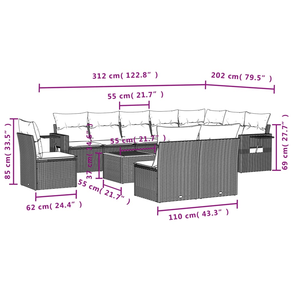 Set Divani da Giardino 11 pz con Cuscini in Polyrattan Nero | homemem39