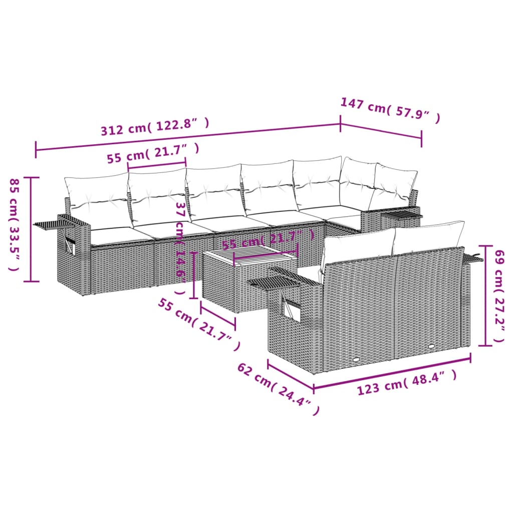 Set Divani da Giardino 9 pz con Cuscini Nero in Polyrattan | homemem39