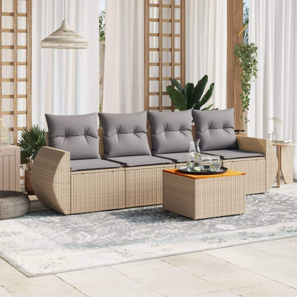 Set Divano da Giardino 5 pz con Cuscini Beige in Polyrattan - homemem39