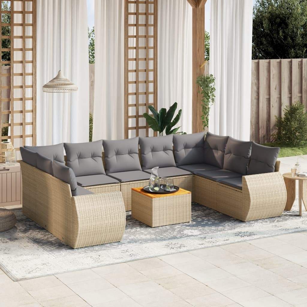 Set Divano da Giardino 10 pz con Cuscini Beige in Polyrattan - homemem39