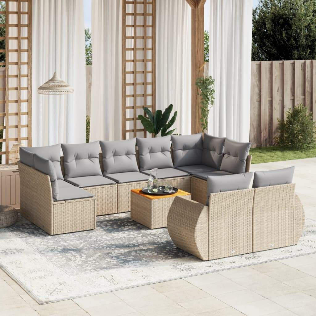 Set Divano da Giardino 10 pz con Cuscini Beige in Polyrattan - homemem39