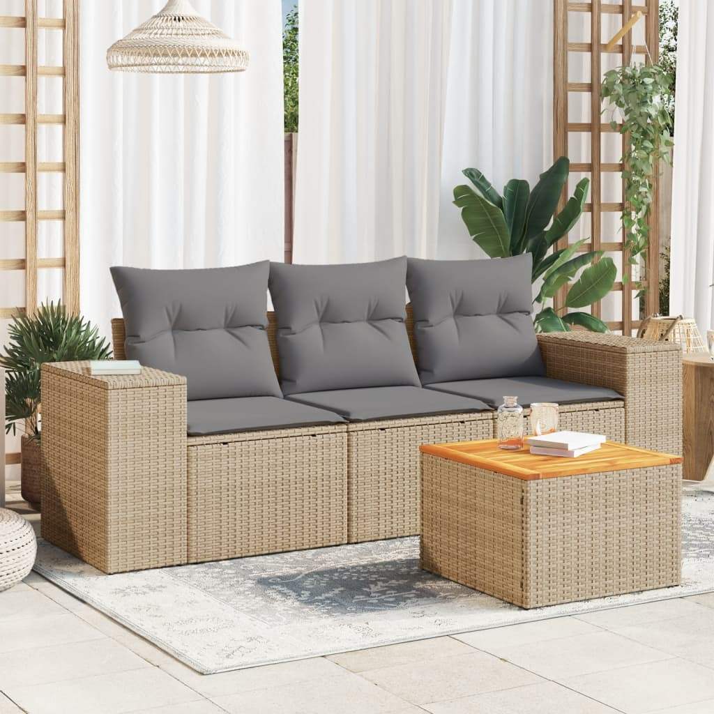 Set Divano da Giardino 4 pz con Cuscini Beige in Polyrattan - homemem39