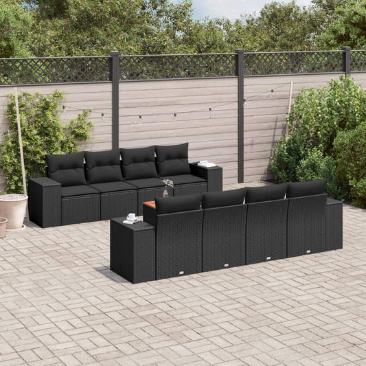 Set Divani da Giardino 9 pz con Cuscini Nero in Polyrattan - homemem39