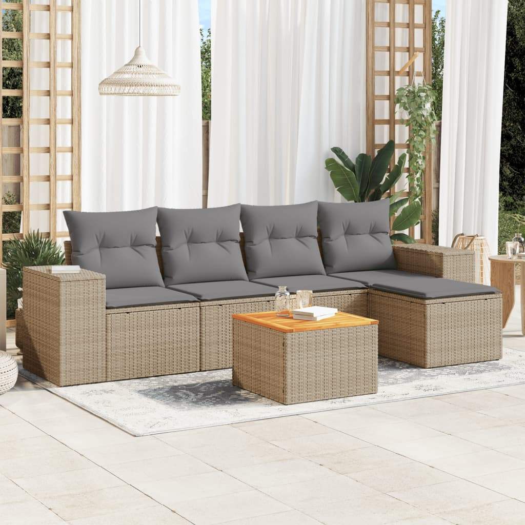 Set Divano da Giardino 6 pz con Cuscini Beige in Polyrattan - homemem39